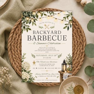 May include: A rectangular invitation card for a backyard barbecue and summer celebration. The design features string lights, green leaves, and white hydrangea flowers. Text includes event details, date, time, and location information.