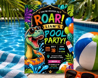 Invitación editable para fiesta en la piscina con temática de dinosaurios, invitación de cumpleaños con temática de rugidos, invitación de cumpleaños infantil colorida, fiesta de verano en la piscina (descarga digital)