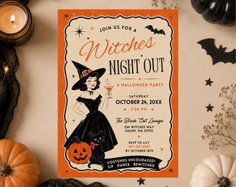 Editable Vintage Witches Night Out Invitation, Retro Halloween Party invite, Spooky Girls Night (Digital Download)