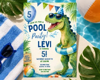 Invitación editable para fiesta en la piscina con temática de dinosaurios, invitación imprimible de cumpleaños con T-Rex, invitación de cumpleaños veraniega en acuarela (descarga digital)