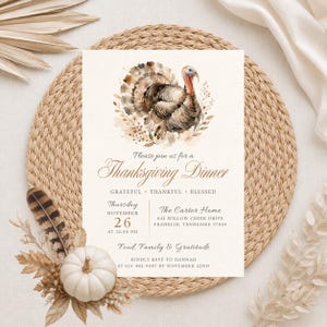 Elegante, editierbare Einladung zum Truthahn-Thanksgiving-Dinner, neutrale, elegante Herbst-Dinnerparty, Friendsgiving-Einladung (Digitaler Download)