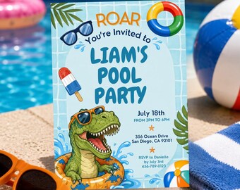 Invitación editable para fiesta en la piscina con temática de dinosaurios, invitación para fiesta en la piscina con temática de rugidos, invitación de cumpleaños de verano para niños, fiesta de cumpleaños en la piscina para niño (descarga digital)