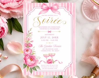 Invitación editable para fiesta en rosa y dorado, elegante invitación para cumpleaños de adultos, invitación femenina para cóctel (descarga digital)