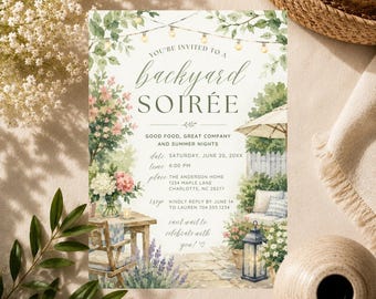 Invitación editable para velada en el jardín, invitación para fiesta de verano en el jardín, elegante invitación para cena al aire libre, imprimible (descarga digital)
