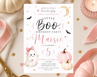 Invitación editable para fiesta de cumpleaños de Little Boo, invitación de cumpleaños de fantasma rosa de Halloween, fiesta de cumpleaños de calabaza dulce (descarga digital)