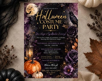 Invitación editable para fiesta de disfraces góticos de Halloween, invitación de Halloween, fiesta en morado, negro y dorado, fiesta de Halloween para adultos (descarga digital)