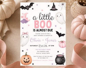 Invitación editable para baby shower de Halloween, Un pequeño fantasma está a punto de nacer, Invitación para baby shower de fantasma rosa, Bebé adorable y espeluznante (Descarga digital)