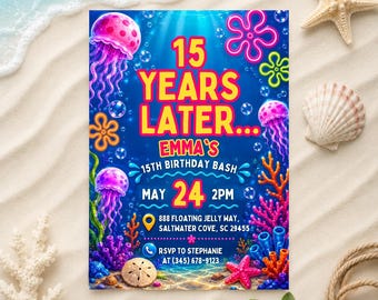Invitación de cumpleaños editable "15 años después", Cumpleaños bajo el mar, Invitación para fiesta de cumpleaños oceánica, Invitación de cumpleaños de medusas (Descarga digital)