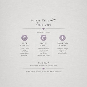 May include: A digital instruction graphic titled easy to edit TEMPLATES. It outlines a three-step process: OPEN YOUR FILE by clicking the link in the PDF, EDIT IN CANVA to personalize details, and DOWNLOAD & PRINT to save or send. Includes a help section.