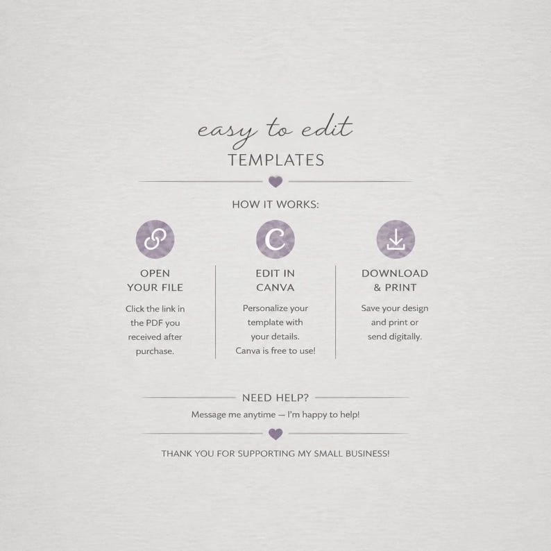 May include: A digital instruction graphic titled easy to edit TEMPLATES. It outlines a three-step process: OPEN YOUR FILE by clicking the link in the PDF, EDIT IN CANVA to personalize details, and DOWNLOAD & PRINT to save or send. Includes a help section.