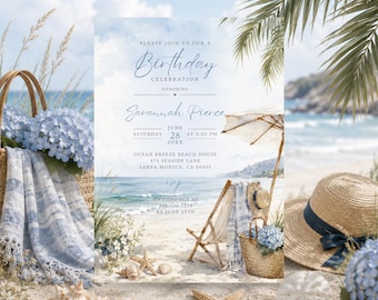 Invitación de cumpleaños editable con acuarelas y temática playera, invitación para fiesta de cumpleaños costera, celebración oceánica, casa de playa de verano (descarga digital)