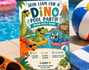 Invitación editable para fiesta en la piscina con temática de dinosaurios, invitación imprimible para cumpleaños de verano para niños, fiesta en la piscina con dinosaurios, invitación de cumpleaños para niño (descarga digital)