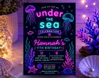 Invitación de cumpleaños editable con temática neón bajo el mar, invitación para fiesta oceánica luminosa, cumpleaños de medusas, fiesta de cumpleaños submarina (descarga digital)