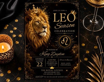 Invitación de cumpleaños de lujo editable para la temporada de Leo, invitación para fiesta de Leo en negro y dorado, celebración de cumpleaños del signo zodiacal Leo (descarga digital).