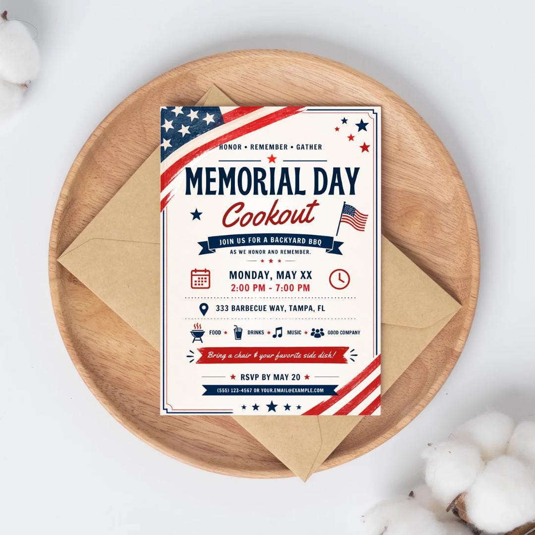 Editable Memorial Day Cookout Invitation, Patriotic Flag BBQ Party ...
