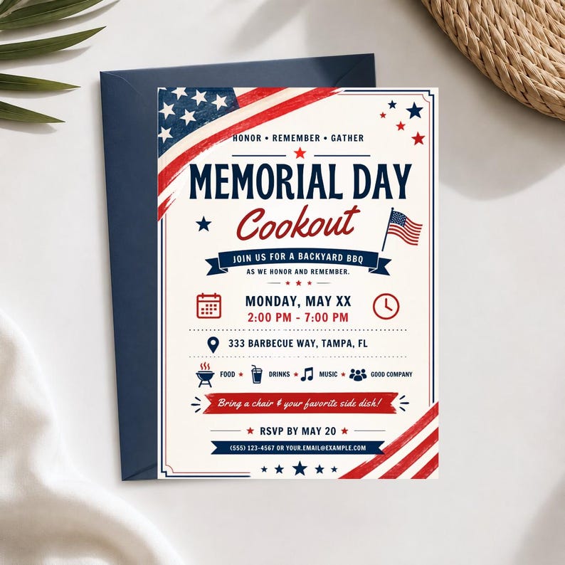 Editable Memorial Day Cookout Invitation, Patriotic Flag BBQ Party ...
