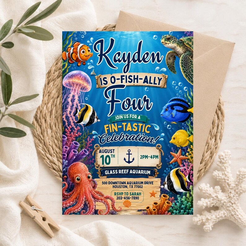 May include: A rectangular birthday invitation card featuring an underwater theme with a clownfish, sea turtle, jellyfish, octopus, and various tropical fish. The text reads: Kayden is o-fish-ally four, join us for a fin-tastic celebration, August 10th, 2pm-4pm.