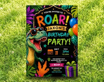 Invitación editable para fiesta de cumpleaños de dinosaurios, invitación de cumpleaños con rugido, invitación de cumpleaños infantil de dinosaurios, fiesta de cumpleaños de T-Rex (descarga digital)