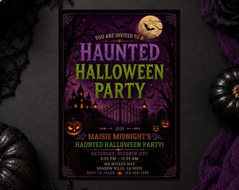 Editable Haunted Halloween Party Invitation, Spooky Birthday Invite, Purple Halloween Invitation (Digital Download)
