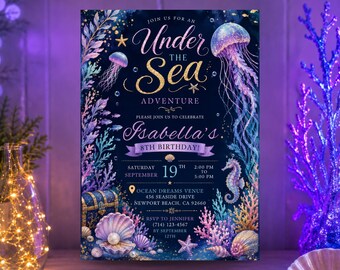 Invitación de cumpleaños editable con temática submarina, fiesta mágica de aventuras oceánicas, cumpleaños de caballitos de mar, fiesta de cumpleaños bajo el agua (descarga digital)
