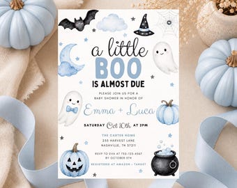 Invitación editable para baby shower de Halloween, Un pequeño fantasma está a punto de nacer, Invitación para baby shower de fantasma azul, Bebé adorable y espeluznante (Descarga digital)