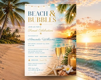Invitación editable de playa y burbujas, invitación para fiesta playera para adultos, invitación para celebración de la puesta de sol, fiesta de cumpleaños con estilo costero (descarga digital)