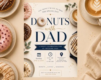 Invitación elegante y editable para el Día del Padre, invitación para "Donuts con papá", desayuno con papá, evento escolar (descarga digital)
