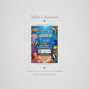 May include: An editable 5x7 invitation template featuring a vibrant underwater scene with a clownfish, sea turtle, jellyfish, octopus, and various tropical fish. The text reads Kayden is O-Fish-Ally Four, Join Us For A Fin-Tastic Celebration.