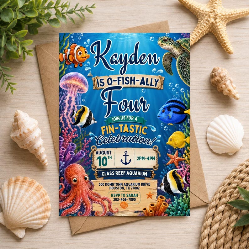 May include: A rectangular invitation card with a blue underwater theme featuring a clownfish, sea turtle, jellyfish, octopus, and various tropical fish. The text reads: Kayden is O-Fish-Ally Four, Join us for a Fin-Tastic Celebration, August 10th, 2pm-4pm, Glass Reef Aquarium, 500 Downtown Aquarium Drive, Houston, TX 77002, RSVP to Sarah 203-456-7890.