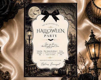 Redigerbar elegant Halloween-festinbjudan, gotisk Halloween-inbjudan, hemsökt herrgårdsfest, kuslig soaréinbjudan (digital nedladdning)