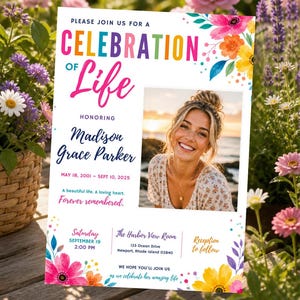 May include: A white celebration of life memorial invitation card featuring colorful floral illustrations, the text Celebration of Life, and a photograph of a smiling person. It includes the name Madison Grace Parker, dates, and event details.