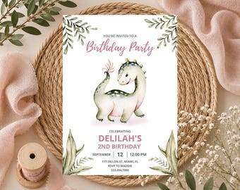 Editable Dinosaur Birthday Invitation, Watercolor Dino Party Invite, Neutral Green Pink Girl's Celebration (Digital Download)
