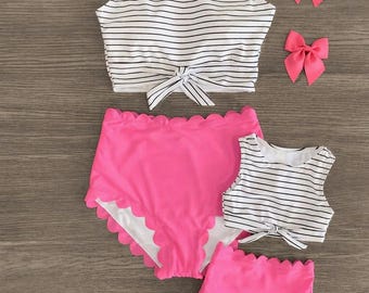 Mommy and Me Matching Swimsuit, Pink Stripe Two-Piece, Scalloped High-Waist