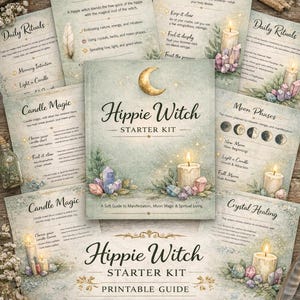 Pode incluir: Um guia imprimível "Hippie Witch Starter Kit" com oito páginas de design estético. A capa apresenta uma lua crescente e cristais. Ao redor do kit estão velas, cristais e cartões com texto como "Daily Rituals" e "Candle Magic".