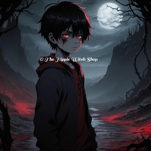 Könnte beinhalten: Eine junge Person mit schwarzen Haaren und roten Augen steht in einer dunklen, schattenhaften Landschaft. Sie trägt eine schwarze Jacke und ein rotes Hemd. Der Hintergrund zeigt einen Vollmond, einen dunklen Fluss und eine entfernte Bergkette.