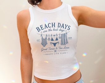 Camiseta sin mangas con estampado playero "Días de playa" / Camiseta deportiva con espalda cruzada y estampado vintage de playa.