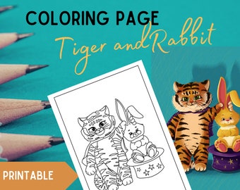 Original Tiger and Rabbit Coloring Page, Printable for Adults Kids,Cute Illustration, Original Illustration, Instant Download