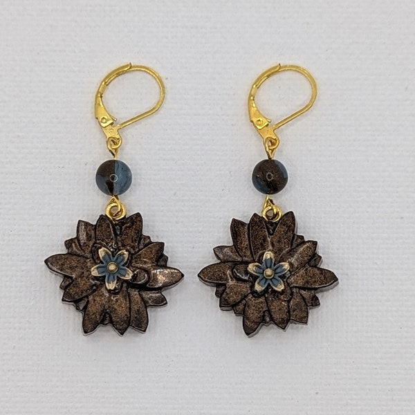 Pearly Brown Flower Earrings with Blue and Gold Flower Embellishments. Strung with Blue Brown Cloisonné Stone Beads on Gold Wire.