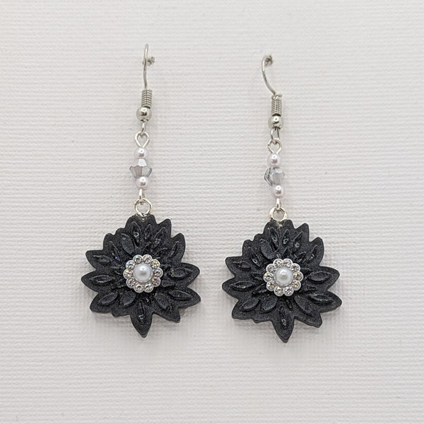 Pearly Grey Black Flower Earrings with Rhinestone and White Pearl Centres. Strung with White Pearl Beads, Silver Clear Beads and Silver Wire