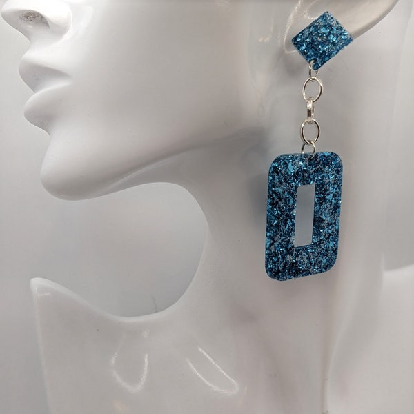 Sparkle Blue Foil Flakes Rectangle Shaped Earrings and Stud. Strung with Silver Chain on Silver Wire.