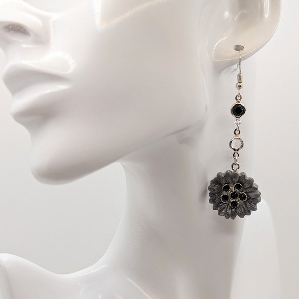 Pearly Dark Grey Flower Earrings with Black Rhinestone and Silver Centres. Strung with Black and clear Rhinestones on Silver Wire.