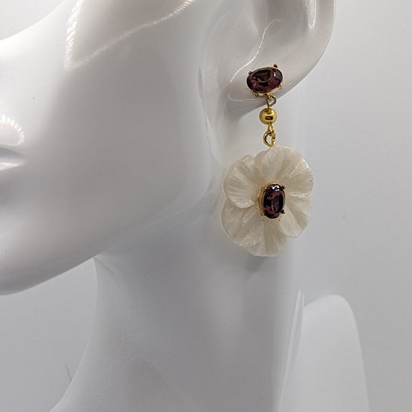 Pearly Cream White Flower Earrings with Rose/Wine Rhinestone Centres. Strung with Gold Beads and Rose/ Wine Studs.