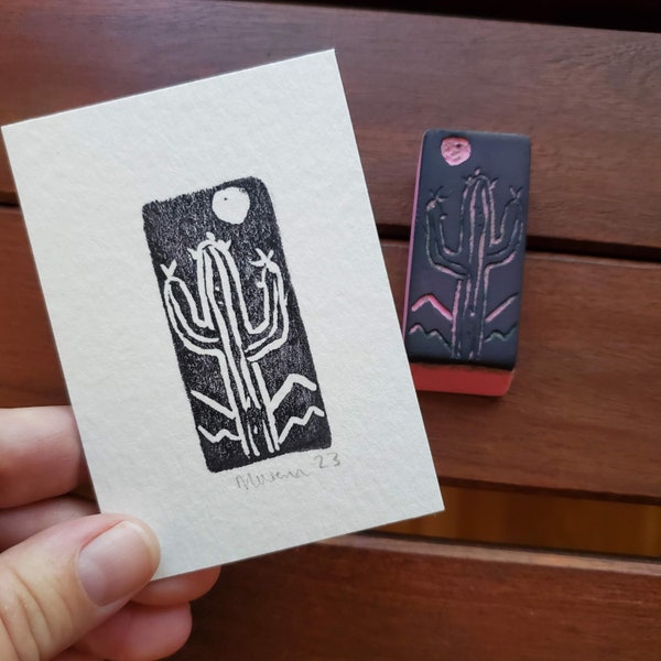 Tiny Saguaro Cactus Print | 2.5 x 3.5 inch Acid Free Paper | Hand Stamped Art Print | Archival ink | Eraser Carving Print |