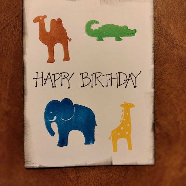 Handmade Hand Stamped Zoo Animal Happy Birthday Greeting Cards, Camel Elephant Crocodile Alligator Giraffe Rubber Stamps from Noah's Ark Set