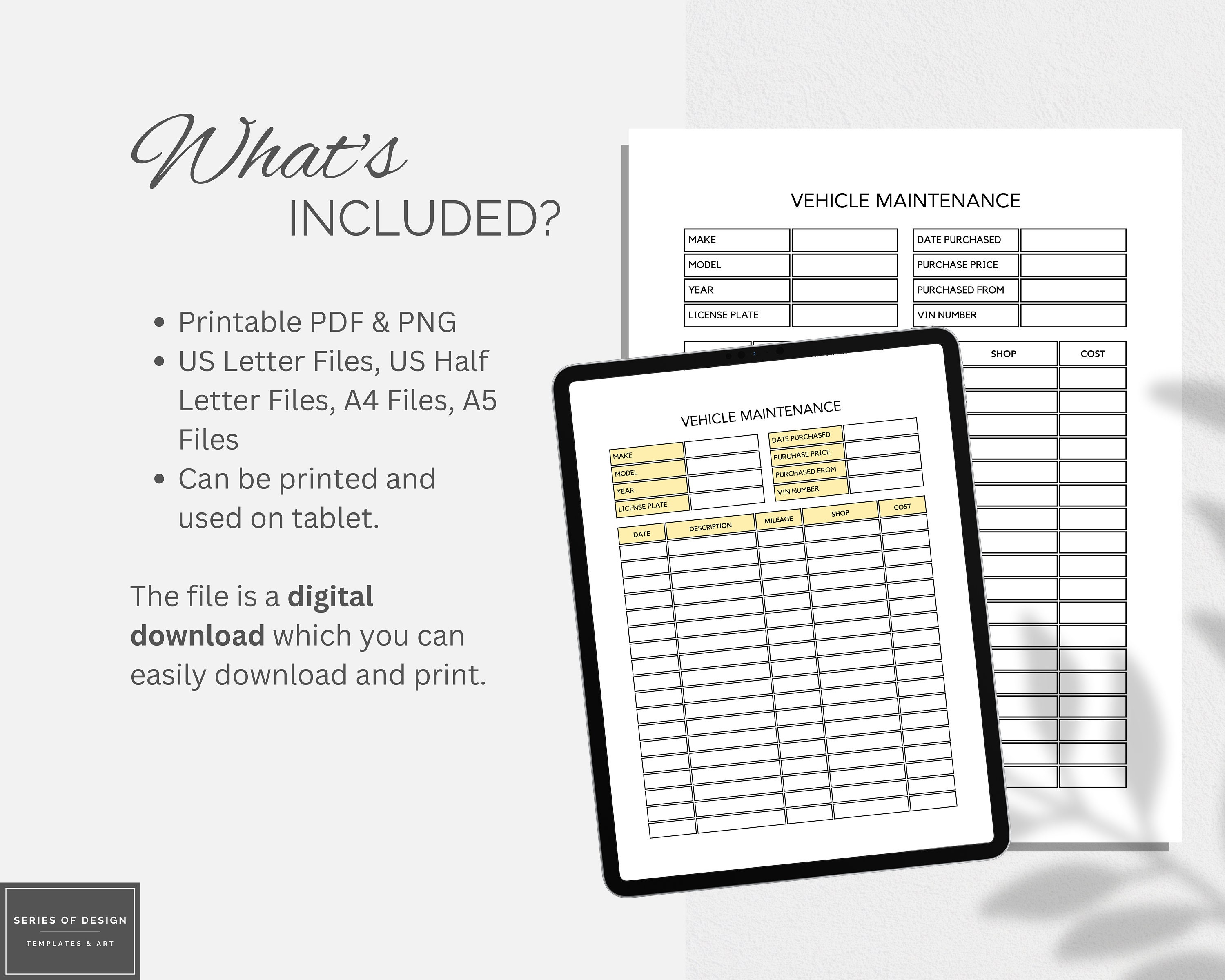 Printable Vehicle Maintenance Log Book – Service Tracker (US Letter, A4 ...