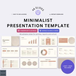 May include: A digital presentation template featuring 48 editable slides in a neutral color palette of beige, white, and muted terracotta. The layout includes charts, graphs, and text blocks for PowerPoint, Keynote, Google Slides, and Canva.