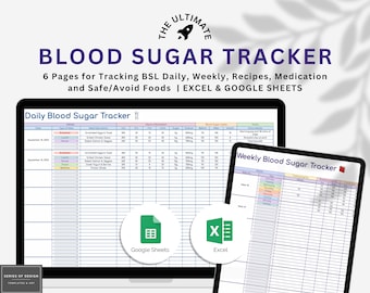 Blood Sugar Google Sheets & Excel Tracker Tool, Recipes, Food and Medication Log - Type 2 Diabetes - Diabetic Log Book