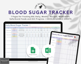 May include: A digital blood sugar tracker template featuring 7 pages for daily and weekly logs, recipes, medication, and A1C progress. The interface displays tables for meal descriptions and glucose levels, compatible with Excel and Google Sheets.