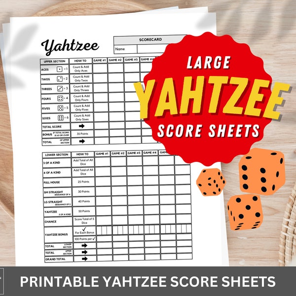 Feuilles de score Yahtzee - Cartes de score Yahtzee imprimables - Yardzee Pad