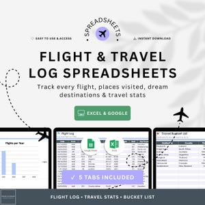May include: A digital flight and travel log spreadsheet template for Excel and Google Sheets. The graphic features the text FLIGHT & TRAVEL LOG SPREADSHEETS, 5 TABS INCLUDED, and displays sample data tables for flight logs, travel bucket lists, and annual flight charts.